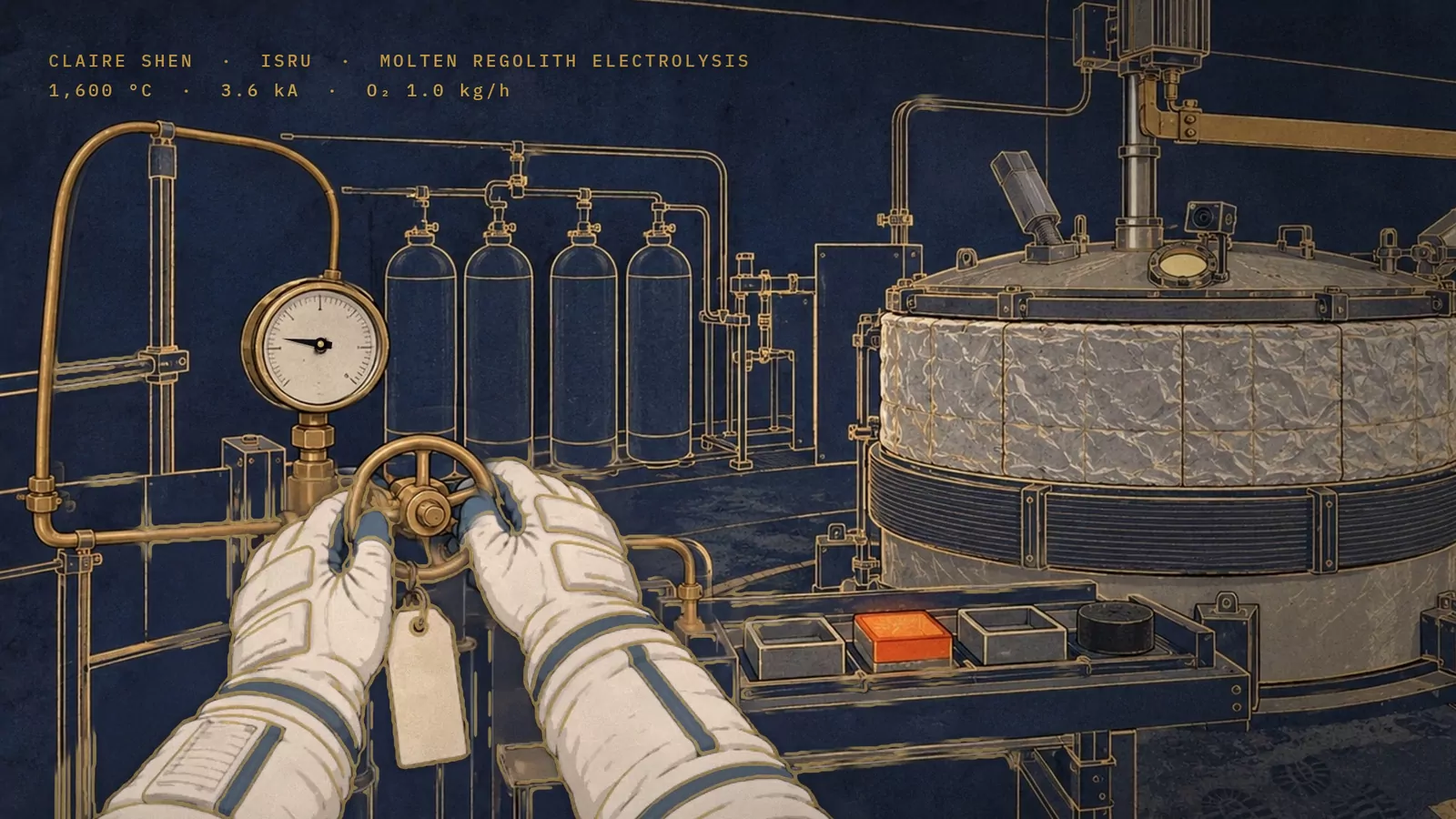 Gloved hands turn a brass valve wheel beside a pressure gauge and a row of gas cylinders, in front of a large insulated furnace, drawn in gold line and paint on indigo.