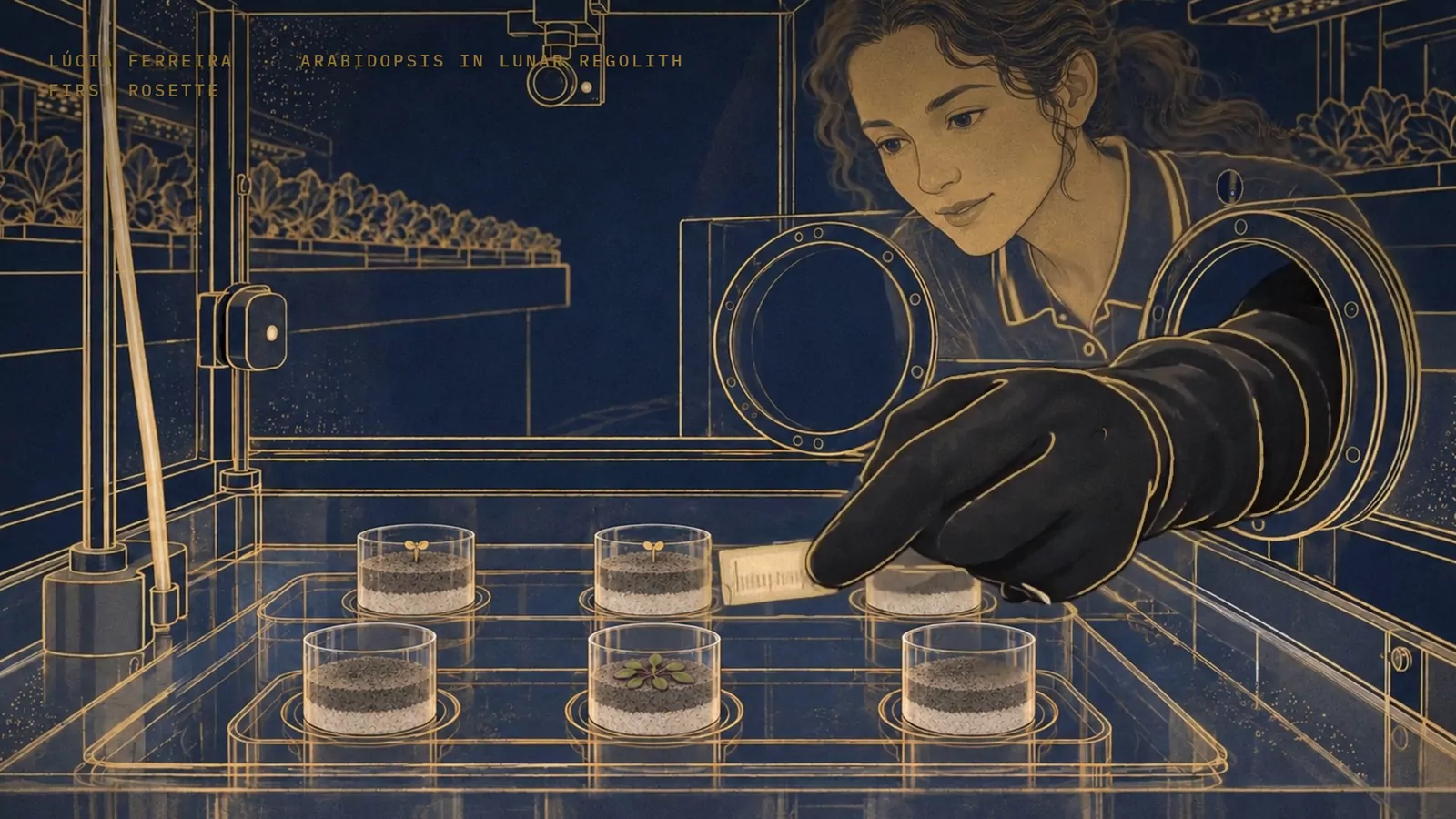 A botanist reaches through a glovebox port toward small rosettes growing in clear dishes of grey soil, drawn in gold line on indigo.